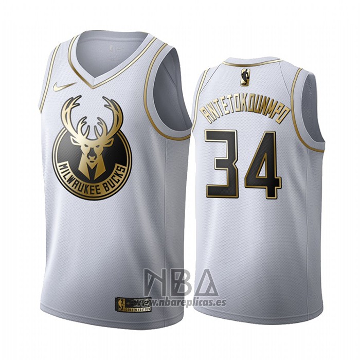 Camiseta Golden Edition Milwaukee Bucks Giannis Antetokounmpo NO 34 Blanco